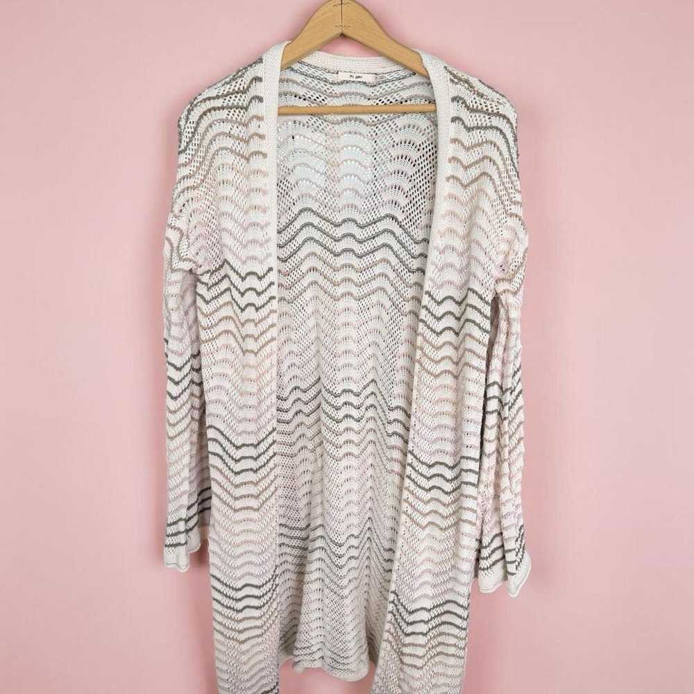 Mi Ami Long Open Front‎ Chevron Crochet Knit Cardigan Size S